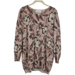 Alfred Dunner Pink sequin Knit Button-Up Cardigan Floral Sparkly pastels size ~M